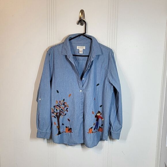 Bechamel Denim Embroidered Button Down Blouse - Picture 1 of 10